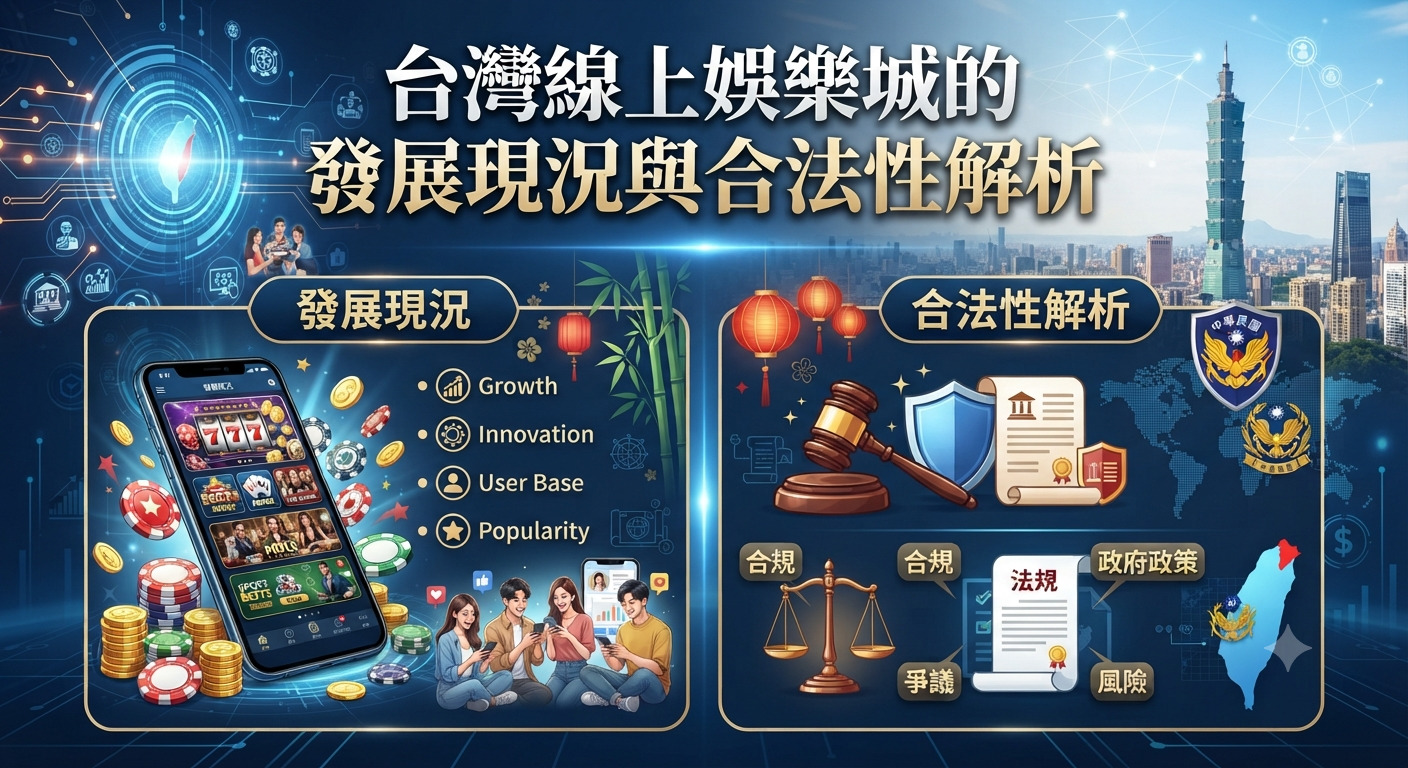 這張圖片的主題是「台灣線上娛樂城的發展現況與合法性解析」,透過科技感與法律元素的視覺設計來探討相關議題。 畫面結合了行動裝置娛樂、數據分析圖標以及法律天平與法規文件,全面呈現線上娛樂在台灣的發展趨勢與合規爭議。