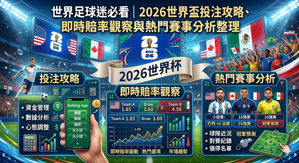 全球世界足球迷必看的2026世界盃投注攻略隆重登場！本文為您帶來最全面的美加墨世界盃即時賠率觀察與熱門賽事分析整理。小編深度拆解讓球盤、大小球與獨贏等經典玩法的莊家開盤邏輯，教您如何看懂即時賠率起伏並精準抓出升降盤背後的熱度誘水陷阱。透過系統化的熱門強權攻防數據、主力傷兵狀態與最新世界排名判讀，傳授高勝率的實戰下注策略與資金控管心法。幫助您在數位博弈時代徹底識破黑網娛樂城的虛假報牌殺豬盤，建立理性科學的運彩思維，穩健迎戰全新48隊擴軍的世界盃足球盛宴。